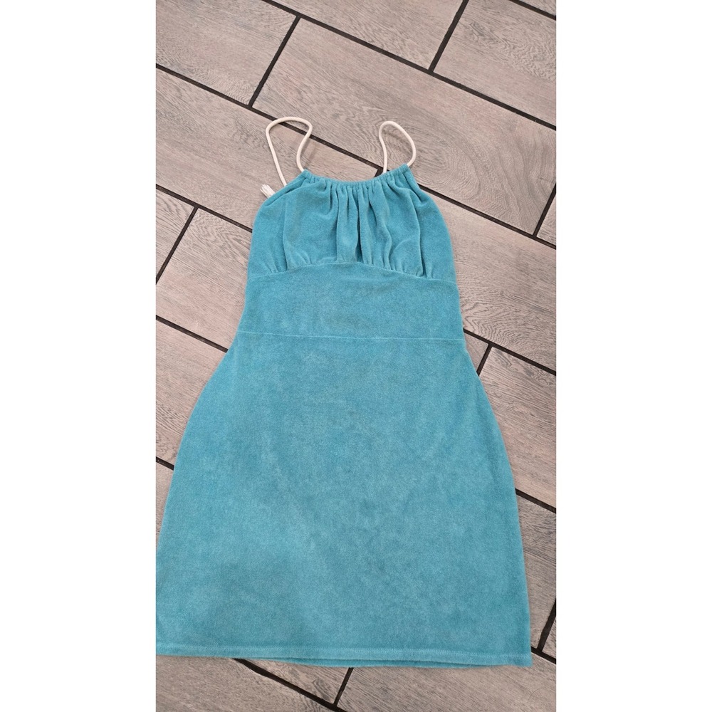 Lykke Wullf L Aqua Terry Cloth Halter Mini Dress Open Back Deadstock Rare-L
